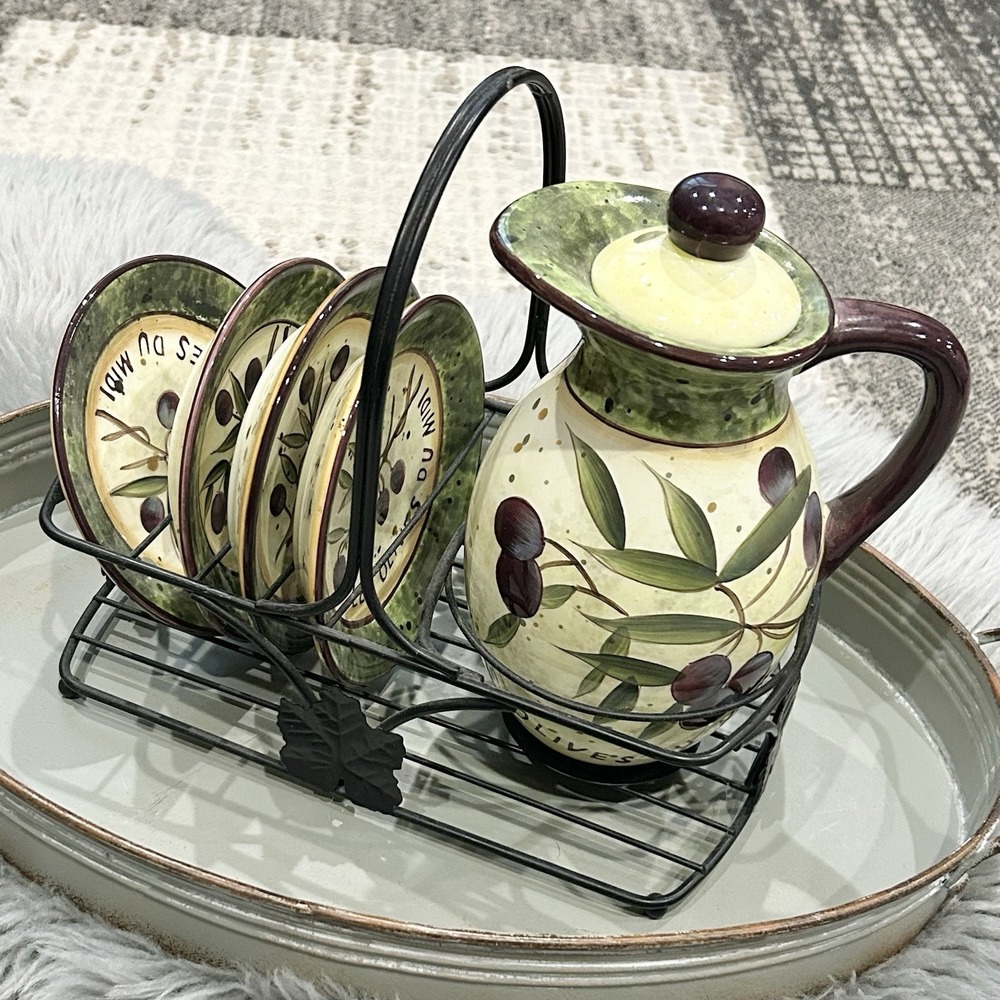 Certified International Susan Winget Olive‎ Ceramic Pitcher Snack Plate Rack Set